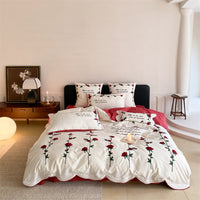 Thumbnail for White Red French Vintage Rose Wedding Duvet Cover Set, 1000TC Egyptian Cotton Bedding Set