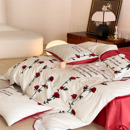 White Red French Vintage Rose Wedding Duvet Cover Set, 1000TC Egyptian Cotton Bedding Set