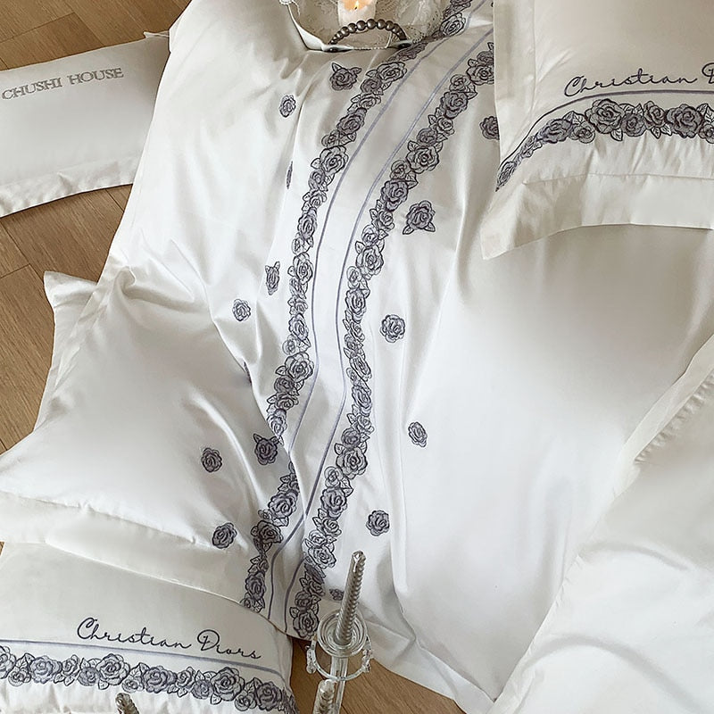 Grey White French Vintage Rose Striped Embroidered Duvet Cover Set, 1000TC Egyptian Cotton Bedding Set