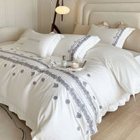 Thumbnail for Grey White French Vintage Rose Striped Embroidered Duvet Cover Set, 1000TC Egyptian Cotton Bedding Set