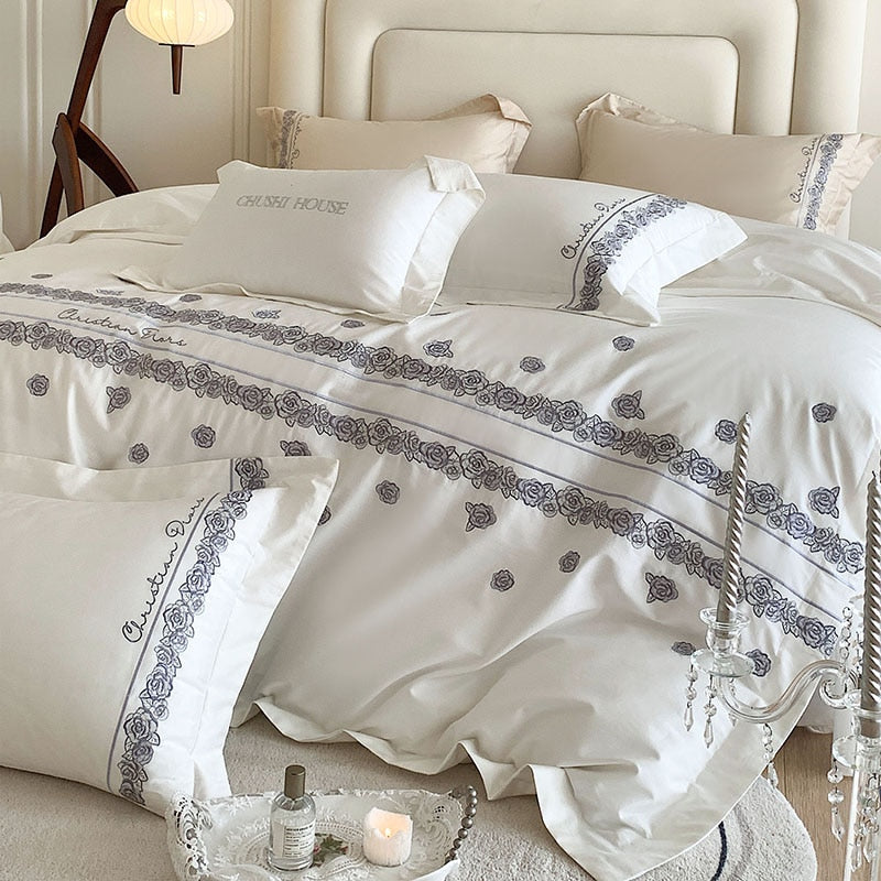 Grey White French Vintage Rose Striped Embroidered Duvet Cover Set, 1000TC Egyptian Cotton Bedding Set