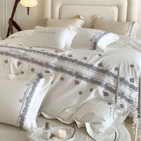 Thumbnail for Grey White French Vintage Rose Striped Embroidered Duvet Cover Set, 1000TC Egyptian Cotton Bedding Set