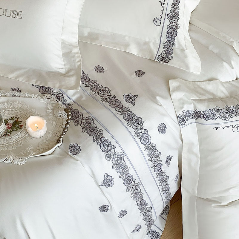 Grey White French Vintage Rose Striped Embroidered Duvet Cover Set, 1000TC Egyptian Cotton Bedding Set
