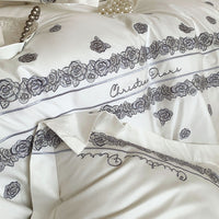 Thumbnail for Grey White French Vintage Rose Striped Embroidered Duvet Cover Set, 1000TC Egyptian Cotton Bedding Set