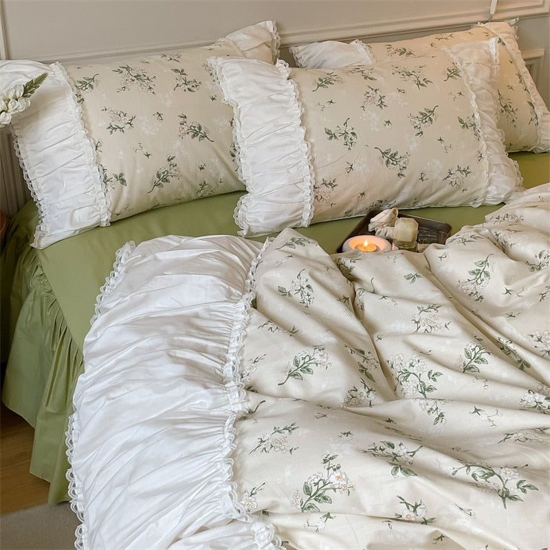 French Vintage White Green Patchwork Floral Ruffles Duvet Cover Set, 400TC Cotton Bedding Set