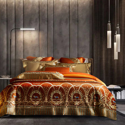 Luxury Gold Orange Horse Lace Palace European Silky Duvet Cover, 1200TC Egyptian Cotton Bedding Set