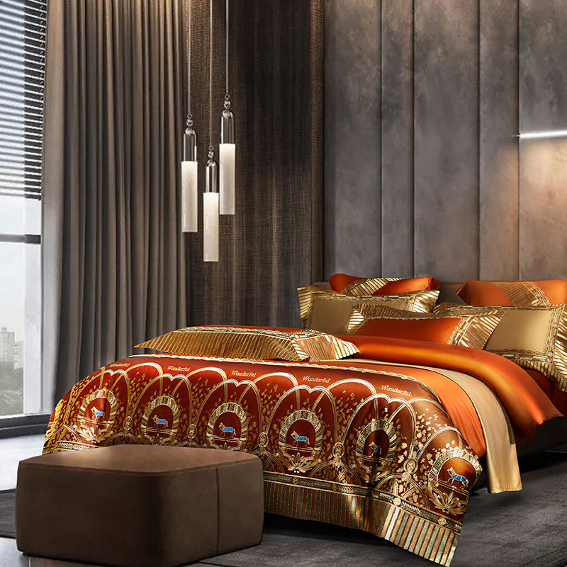 Luxury Gold Orange Horse Lace Palace European Silky Duvet Cover, 1200TC Egyptian Cotton Bedding Set