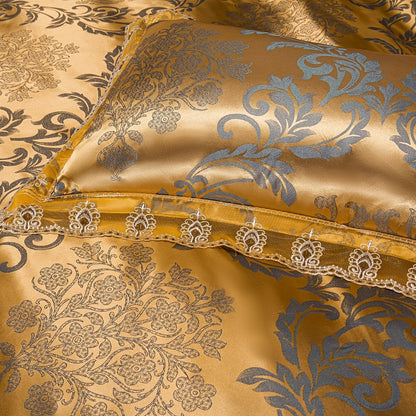 Gold Green Satin Jacquard Very Soft Silky Duvet Cover Bedding Set