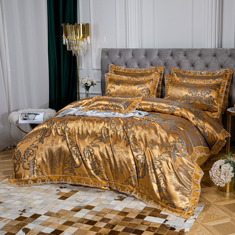 Gold Green Satin Jacquard Very Soft Silky Duvet Cover Bedding Set