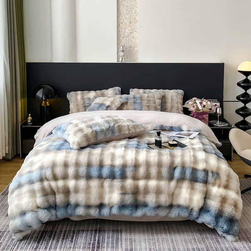 Premium Gradient Fur Autumn Winter Plush Cozy Duvet Cover Bedding Set