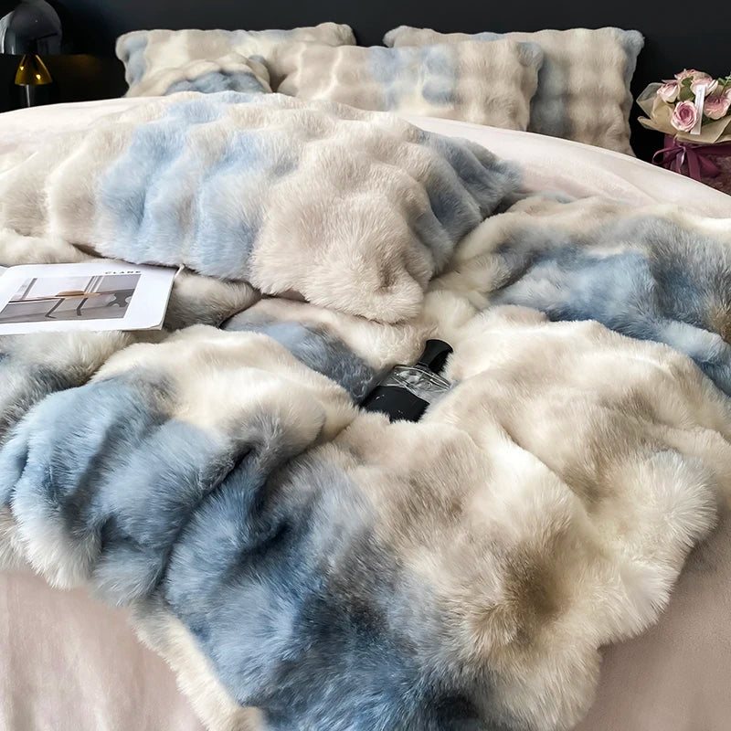 Premium Gradient Fur Autumn Winter Plush Cozy Duvet Cover Bedding Set