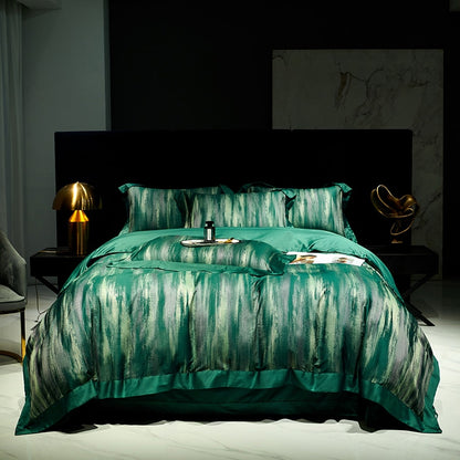 Luxury Green Satin Art Paint Patchwork Jacquard Duvet Cover Set, 1000TC Egyptian Cotton Bedding Set