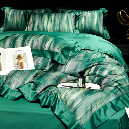 Luxury Green Satin Art Paint Patchwork Jacquard Duvet Cover Set, 1000TC Egyptian Cotton Bedding Set