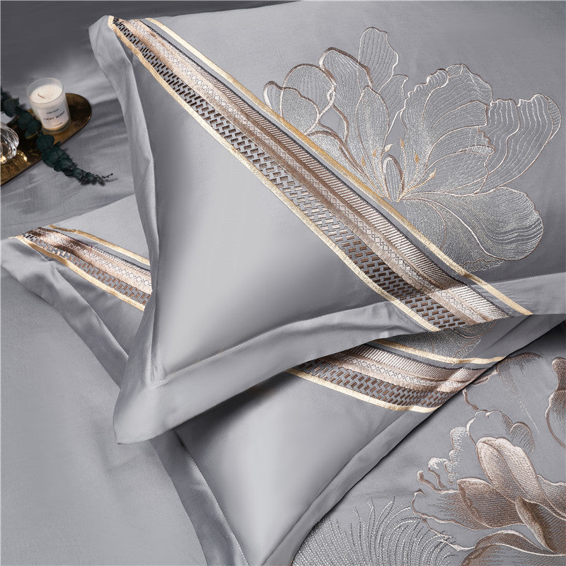 Luxury Grey Pink Flowers American Winter Wedding Duvet Cover Set, 1000TC Egyptian Cotton Bedding Set