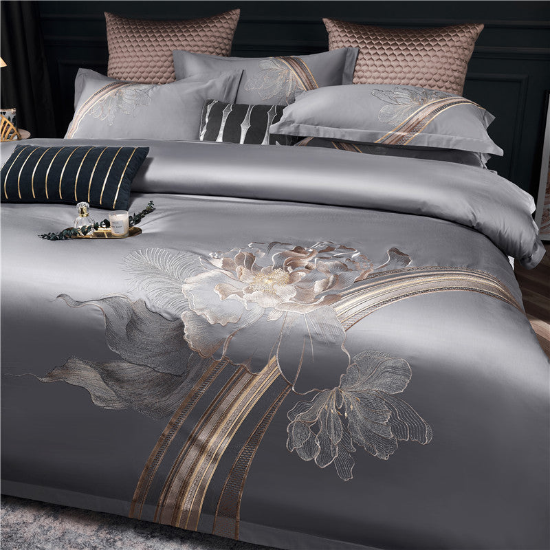 Luxury Grey Pink Flowers American Winter Wedding Duvet Cover Set, 1000TC Egyptian Cotton Bedding Set