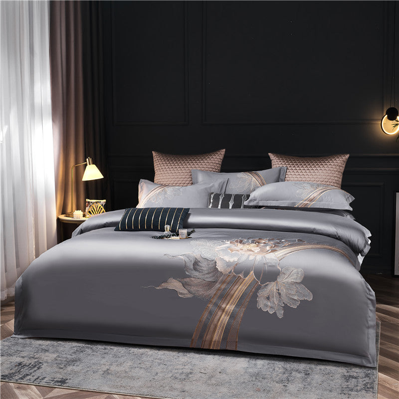 Luxury Grey Pink Flowers American Winter Wedding Duvet Cover Set, 1000TC Egyptian Cotton Bedding Set