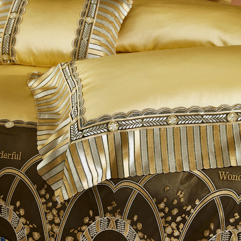 Luxury Orange Gold Horse Lace Edge Palace Silky Duvet Cover Set, 1000TC Egyptian Cotton Bedding Set