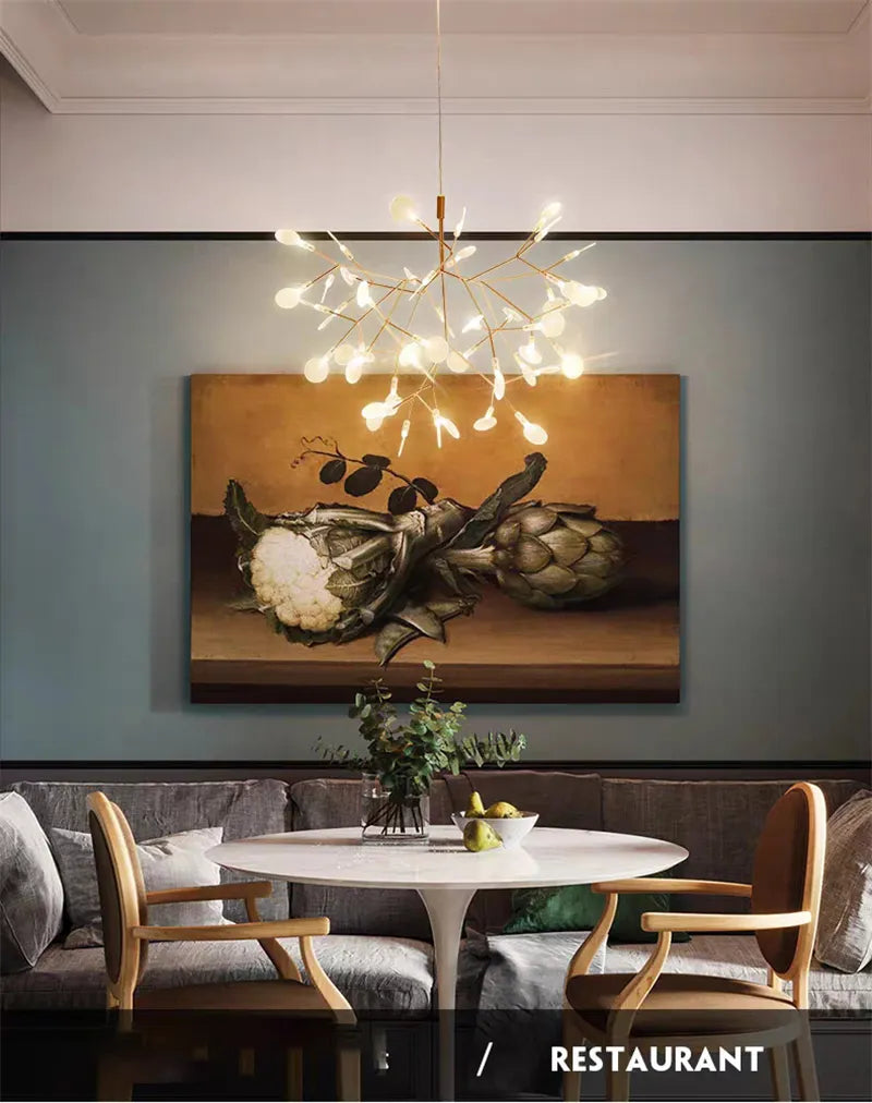 Rose Gold Nordic Chandelier Art Lighting Hanging living Room Restaurant Kitchen Firefly Lamp Branch Round