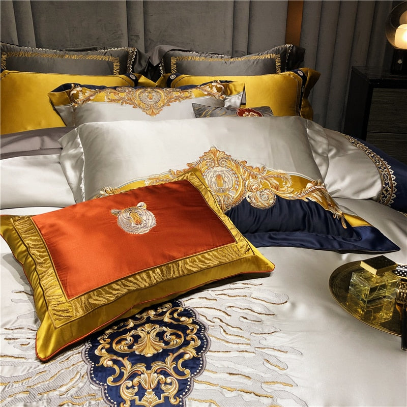 Luxury Blue Gold Tiger Baroque Embroidered Duvet Cover Set, 1400TC Egyptian Cotton Bedding Set