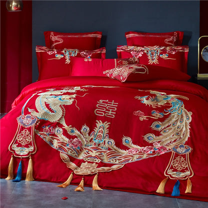 Luxury Gold Red Long Phoenix Tassel Wedding Duvet Covet Set, Egyptian Cotton 1000TC Bedding Set
