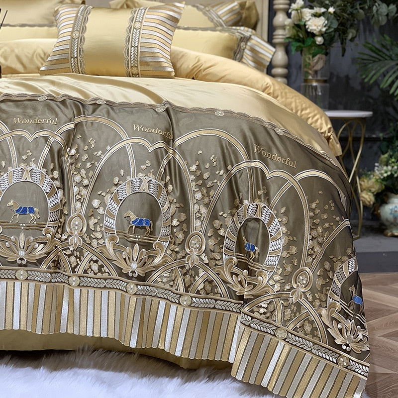 Luxury Orange Gold Horse Lace Edge Palace Silky Duvet Cover Set, 1000TC Egyptian Cotton Bedding Set