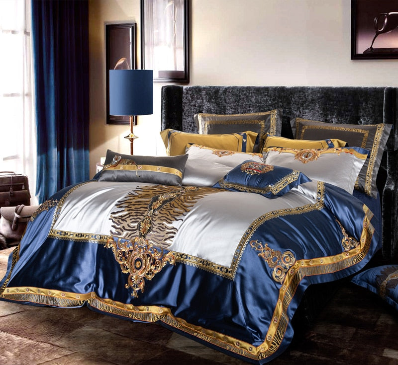 Luxury Gold Red Jacquard Palace Embroidered Duvet Cover Set, Silk Cotton 800 Thread Count Bedding Set