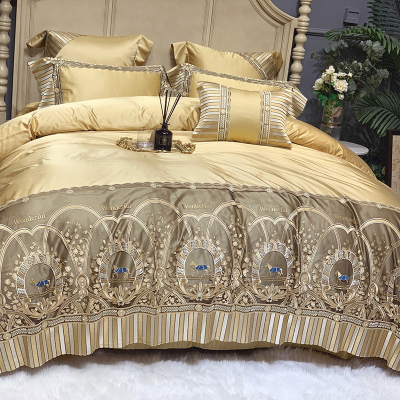 Luxury Orange Gold Horse Lace Edge Palace Silky Duvet Cover Set, 1000TC Egyptian Cotton Bedding Set