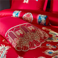 Thumbnail for Luxury Gold Red Long Phoenix Tassel Wedding Duvet Covet Set, Egyptian Cotton 1000TC Bedding Set
