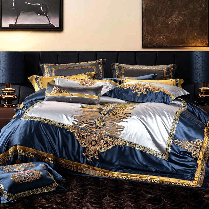 Luxury Gold Red Jacquard Palace Embroidered Duvet Cover Set, Silk Cotton 800 Thread Count Bedding Set