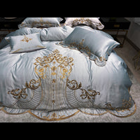 Thumbnail for Red White Gold Embroidered Duvet Cover Set European Linen Lace Soft Satin Silk Bedding Set