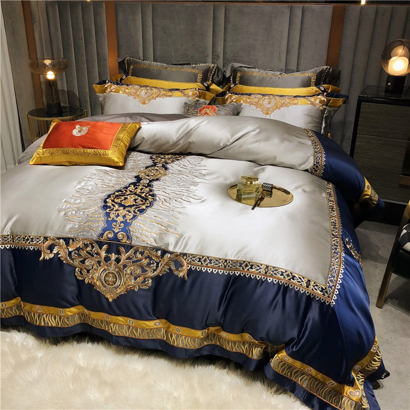 Luxury Blue Gold Tiger Baroque Embroidered Duvet Cover Set, 1400TC Egyptian Cotton Bedding Set
