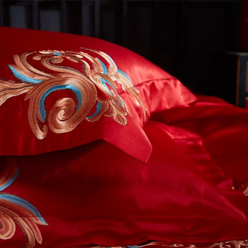 Luxury Red Gold Oriental Wedding Royal Embroidered Duvet Cover Set, Cotton Fabric Bedding Set