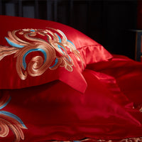 Thumbnail for Luxury Red Gold Oriental Wedding Royal Embroidered Duvet Cover Set, Cotton Fabric Bedding Set