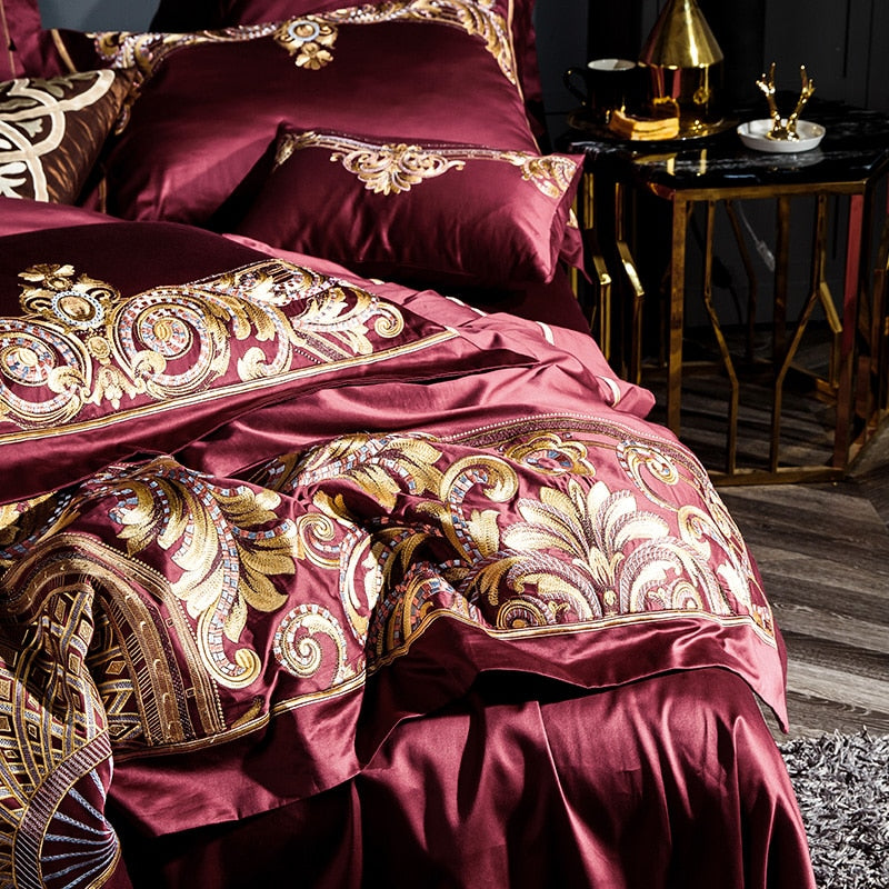Luxury Gray Burgundy Embroidered Duvet Cover Set, 1000 Thread Count Egyptian Cotton Bedding Set