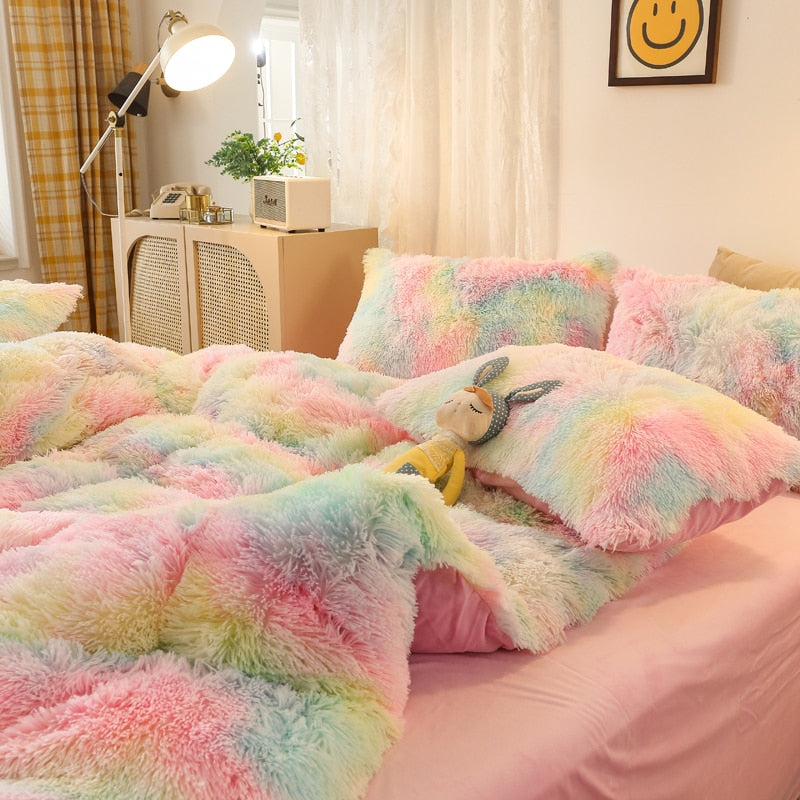 Luxury Rainbow Sweet Super Shaggy Soft Coral Fleece Warm Duvet Cover Bedding Set