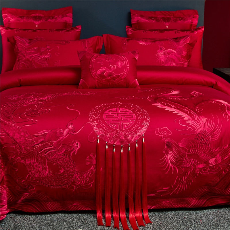Luxury Gold Red Long Phoenix Tassel Wedding Duvet Covet Set, Egyptian Cotton 1000TC Bedding Set