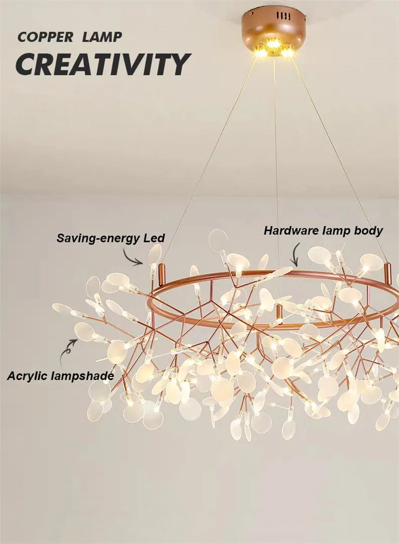 Rose Gold Nordic Chandelier Art Lighting Hanging living Room Restaurant Kitchen Firefly Lamp Branch Round