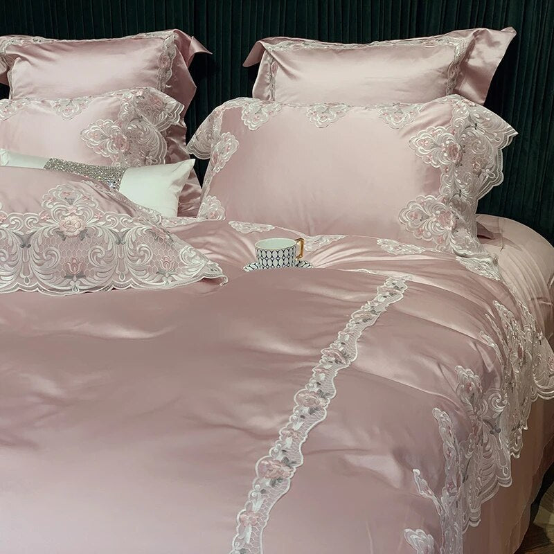 Luxury Blue Pink Romantic French European Couple Duvet Cover Set, Egyptian Cotton Bedding Set