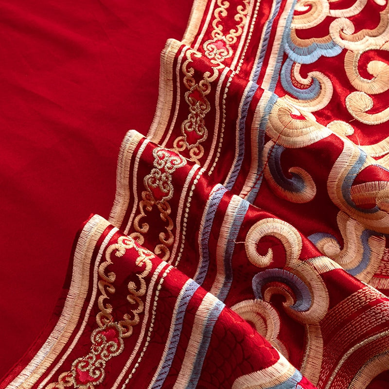 Red Phoenix for Happy Wedding Embroidered Duvet Cover Set, Satin Jacquard Cotton Bedding Set