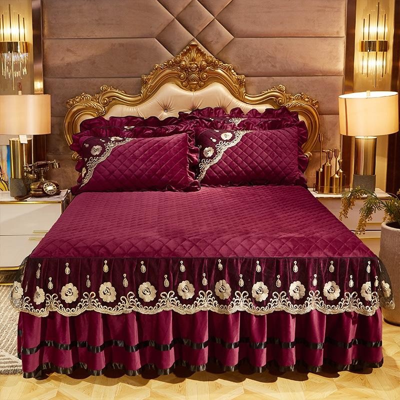 Luxury Purple Burgundy Heavyweight Velvet Bed skirt Duvet Cover Set, Fleece Fabric Bedding Set