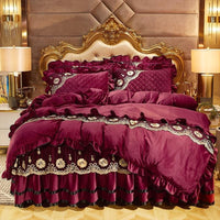 Thumbnail for Luxury Purple Burgundy Heavyweight Velvet Bed skirt Duvet Cover Set, Fleece Fabric Bedding Set