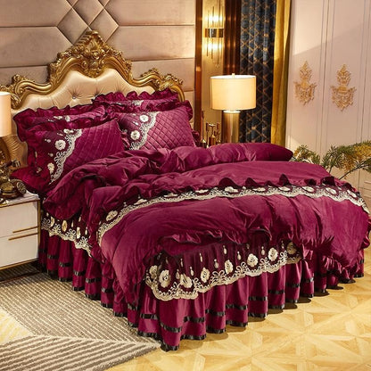Luxury Purple Burgundy Heavyweight Velvet Bed skirt Duvet Cover Set, Fleece Fabric Bedding Set