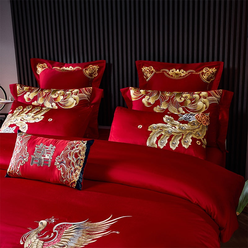 Dragon and Phoenix Luxury Red Golden Wedding Embroidery Duvet Cover Cotton Bedding Set