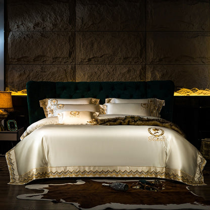 Luxury Gold Silk Smooth Embroidery Duvet Cover Set, Egyptian Cotton 1500TC Bedding Set