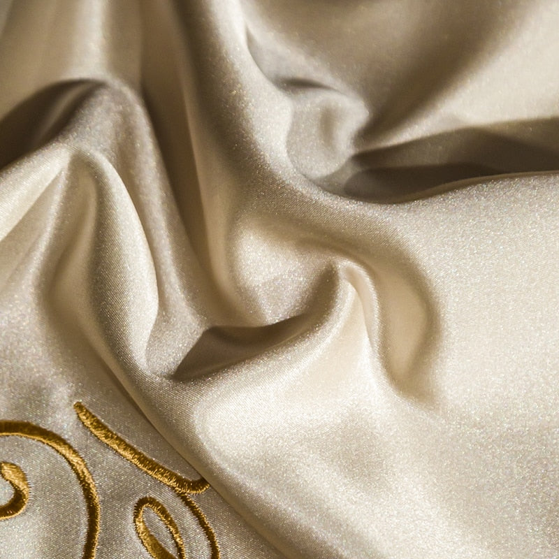 Luxury Gold Silk Smooth Embroidery Duvet Cover Set, Egyptian Cotton 1200TC Bedding Set