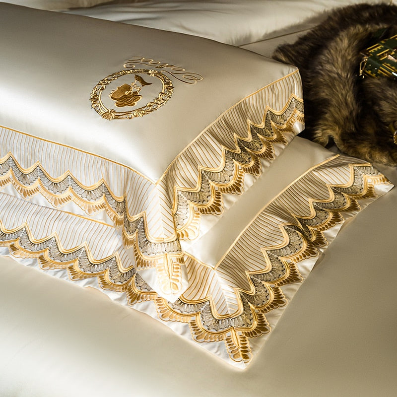 Luxury Gold Silk Smooth Embroidery Duvet Cover Set, Egyptian Cotton 1500TC Bedding Set