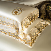 Thumbnail for Luxury Gold Silk Smooth Embroidery Duvet Cover Set, Egyptian Cotton 1200TC Bedding Set