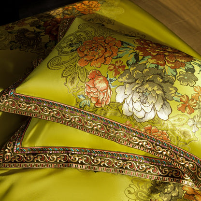 Premium Vintage Royal Peony Flower Jacquard Silk Duvet Cover Set, Egyptian Cotton 1200TC Bedding Set