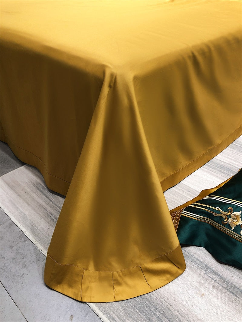 Luxury Gold Green Baroque Vintage Silk Embroidered Duvet Cover Set, 1200TC Egyptian Cotton Bedding Set