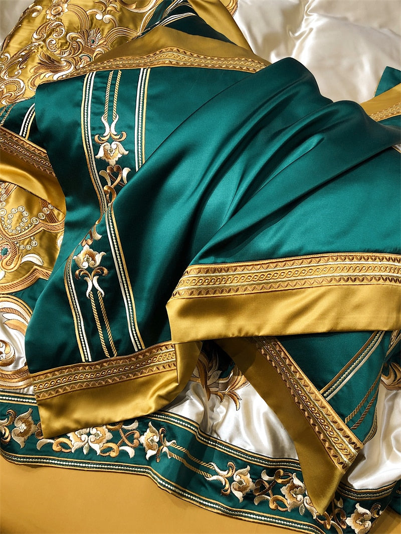 Luxury Gold Green Baroque Vintage Silk Embroidered Duvet Cover Set, 1200TC Egyptian Cotton Bedding Set